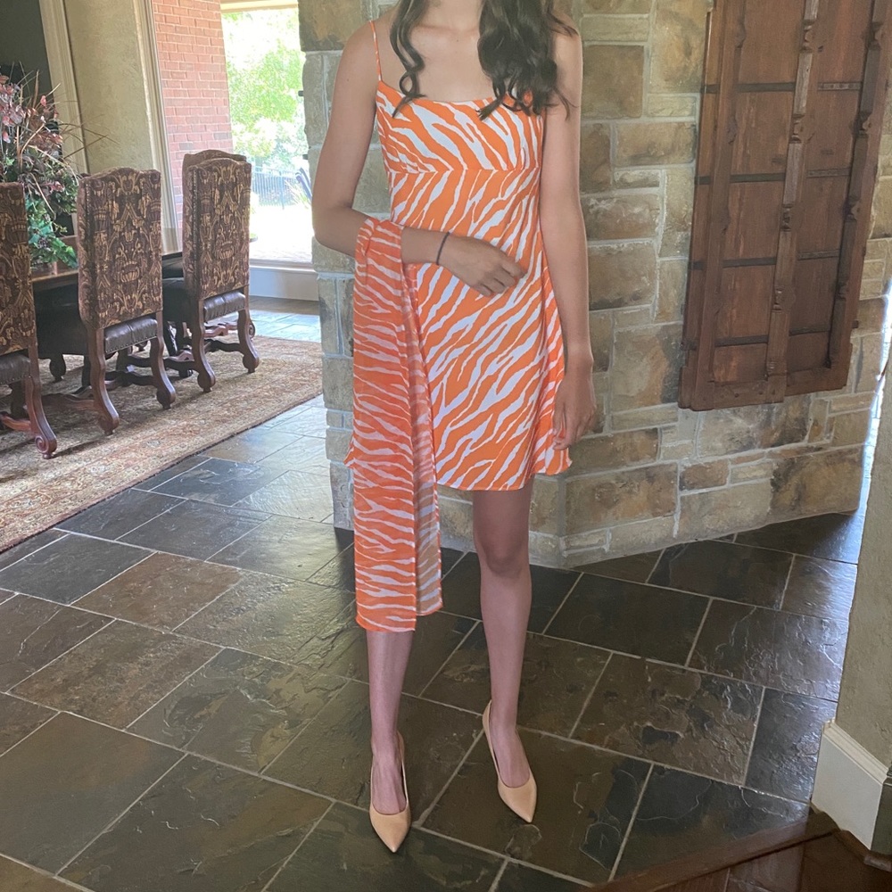 Orange zebra print dress with matching scarf.